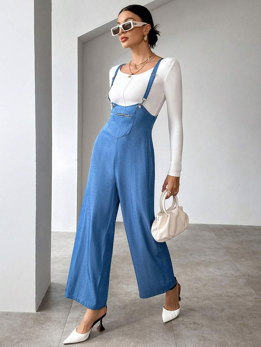 SHEIN Unity Solid Wide Leg Overall Jumpsuit Without Tee - Blue - View 1