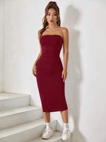 SHEIN EZwear 高衩抹胸緊身連衣裙 - 酒紅色 - 查看 5