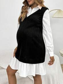 SHEIN Maternity 2 In 1 Ruffle Hem Dress - Black - View 5