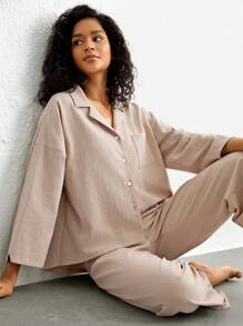 Ocili 女性襯衫領長袖衣裝和褲子休閒裝套裝 - 卡其色 - 查看 3