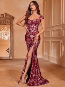 Floral Print Split Thigh Formal Dress - Burgundy - View 2