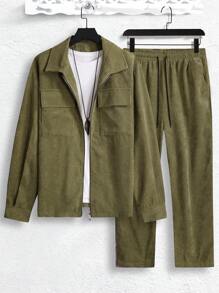 Manfinity Homme Männer Pattentasche, Kord Shirt mit & Tunnelzug, Hose mit ohne T-Shirt - Grün - Übersicht 3
