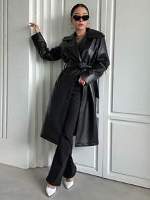 DAZY 翻领斜插口袋漆皮风衣，秋季女装外套 - 黑色 - 查看 4