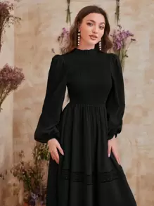 Modelyn 小高領燈籠袖蕾絲花邊洋裝 - 黑色 - 查看 5