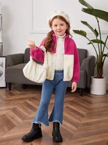 SHEIN 女小童雙色落肩袖毛絨夾克 - 彩色 - 查看 5