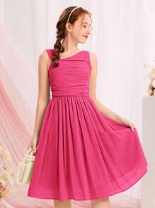 SHEIN Teen Girl Ruched Asymmetrical Neck Dress - Hot Pink - View 1