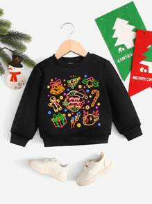 婴儿休闲卡通印花长袖卫衣，适合秋冬季穿着 - 黑色 - 查看 1