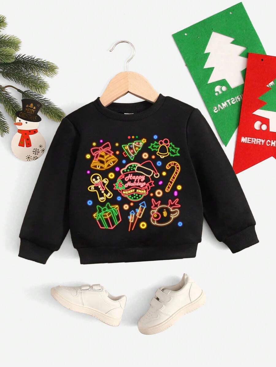 婴儿休闲卡通印花长袖卫衣，适合秋冬季穿着 - 黑色 - 查看 1