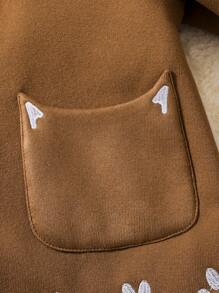 Baby Girl Embroidery Paw Pattern 3D Ear Design Hooded Teddy Lined Overcoat - Coffee Brown - View 7