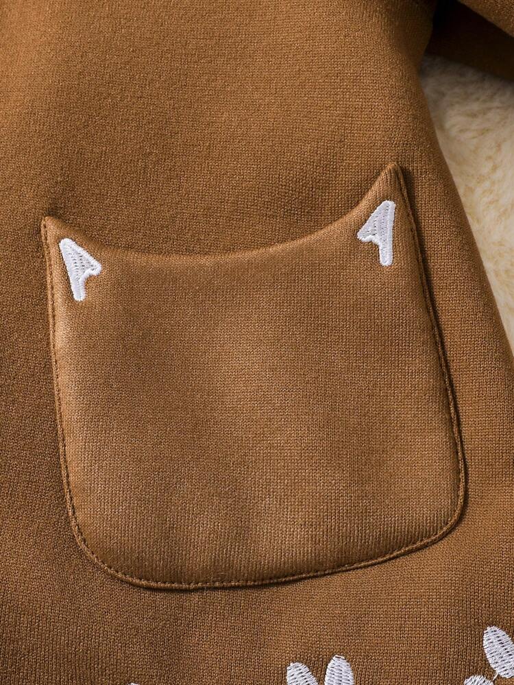 Baby Girl Embroidery Paw Pattern 3D Ear Design Hooded Teddy Lined Overcoat