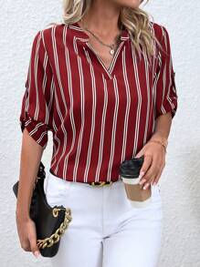SHEIN Clasi Striped Print Roll Tab Sleeve Blouse - Red - View 6