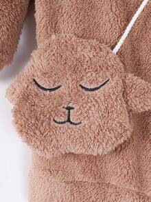 SHEIN Young Girl Letter Embroidery Teddy Hooded Sweatshirt Dress With Bag - Apricot - View 6