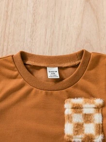 SHEIN 男嬰棋盤格口袋貼布T恤和褲子 - 棕色 - 查看 6