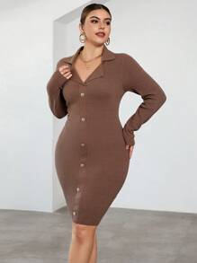 SHEIN Privé Plus Button Front Bodycon Sweater Dress - Camel - View 5