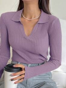 DAZY Lässiger, einfacher einfarbiger gerippter Strickpullover, Herbstkleidung