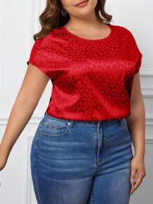 SHEIN Clasi 大碼豹紋提花蝙蝠袖襯衫 - 紅色 - 查看 5