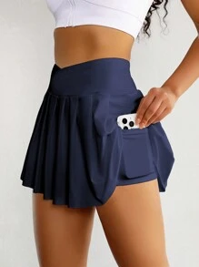 Wide Waistband Pleated Sports Skort With Phone Pocket - Navy Blue - View 1