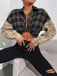 SHEIN Essnce 格紋印花落肩袖襯衫 - 彩色 - 查看 6