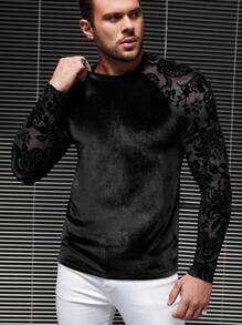 Manfinity VCAY 男士撞色花卉网眼插肩长袖天鹅绒 T 恤，时尚，男友礼物 - 黑色 - 查看 6