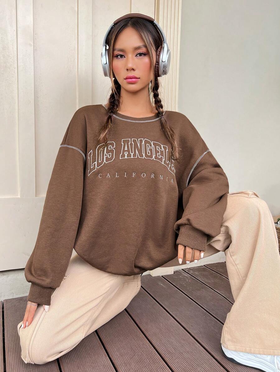 SHEIN EZwear Áo khoác vai trễ vai có họa tiết chữ cái - màu nâu - Xem 1