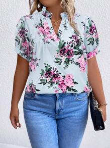 Calvaya Plus Floral Print Notched Neckline Puff Sleeve Blouse - Blue - View 4