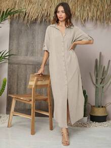 SHEIN LUNE 捲邊袖前紐扣襯衫洋裝 - 杏色 - 查看 4