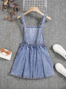 Teen Girl Patched Pocket Pleated Hem Denim Overall Dress Without Tee - Medium Wash - View 2