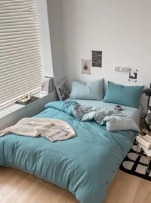 3 件蓝色宿舍/卧室床上用品套装 - 1 个羽绒被套，2 个枕套，超柔软，可机洗，无需填充 - 藍色 - 查看 6