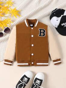 Boys Letter Patched Striped Trim Colorblock Varsity Jacket - Yellow - View 1