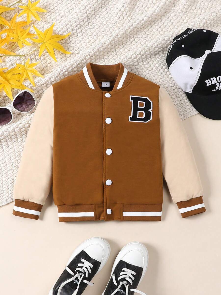 Boys Letter Patched Striped Trim Colorblock Varsity Jacket - Yellow - View 1