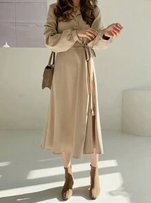 纯色结饰侧衬衫裙，秋装 - 卡其色 - 查看 5