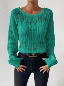SHEIN Essnce Solid Drop Shoulder Pointelle Knit Sweater - Green - View 4