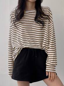 DAZY Striped Drop Shoulder Tee,Fall Clothes Long Sleeve Women Tops - Coffee Brown - View 4