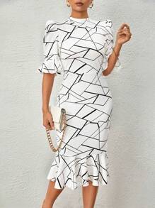 SHEIN Privé Đầm Viên lá sen Xù Hình học Tất cả trên in Thanh lịch - trắng - Xem 1