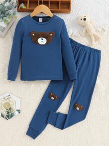 Young Boy Bear Patched Snug Fit PJ Set - Royal Blue - View 1