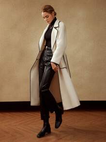 MOTF PREMIUM BELTED WOOL-BLEND CONTRAST STITCH COAT - Beige - View 8