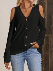 SHEIN LUNE 挖肩前紐扣T恤 - 黑色 - 查看 4