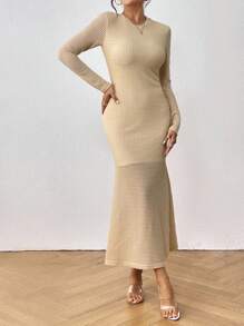 SHEIN LUNE 素色華夫格編織魚尾裙下擺洋裝 - 卡其色 - 查看 1