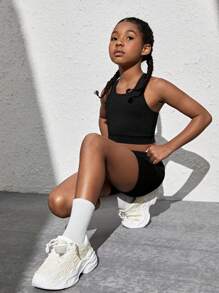 SHEIN Tween Girl Solid High Stretch Active Bra With Shorts - Black - View 4