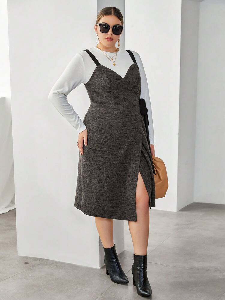 Plus Solid Tee & Wrap Hem Overall Dress
