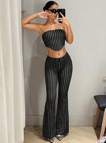 SHEIN ICON 條紋印花抹胸上衣&喇叭褲 - 黑色 - 查看 5