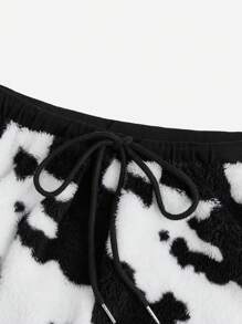 SHEIN EZwear Hơn In hoa bò Eo dây rút Teddy Quần short - Đen và trắng - Xem 5