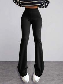 EURMUSE Casual Solid Color High Waist Flare Leg Pants - Black - View 1