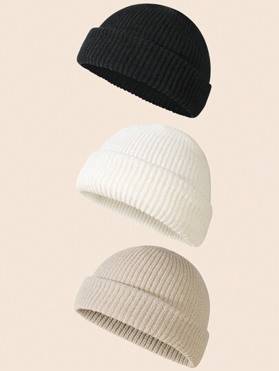3 piezas/paquete Gorro de lana tejido simple de unicolor para hombres, adecuado para uso diario casual