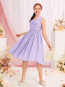 SHEIN 青少年女孩不對稱領褶邊雪紡洋裝 - 淡紫色 - 查看 4