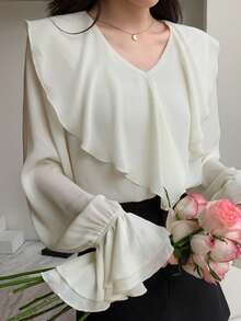 DAZY Blusa unicolor ribete con fruncido de manga amplia - Blanco - Ver 7