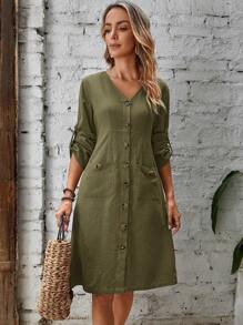 EMERY ROSE 捲邊袖前紐扣雙口袋洋裝 - 軍綠色 - 查看 1