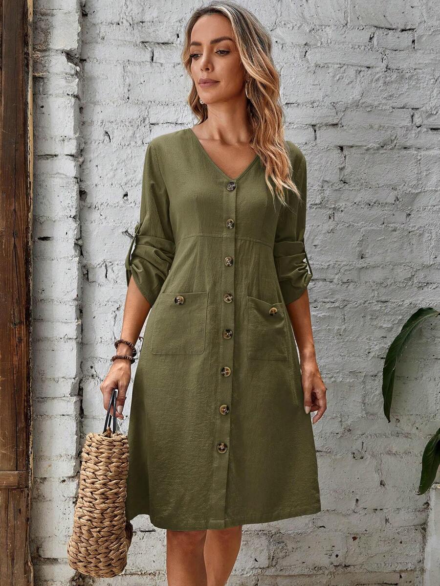EMERY ROSE 捲邊袖前紐扣雙口袋洋裝 - 軍綠色 - 查看 1