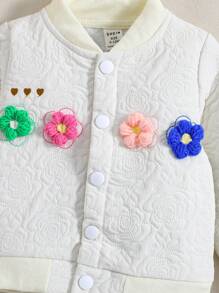 SHEIN Baby Girl Floral Embroidery Appliques Button Front Bomber Jacket - White - View 3