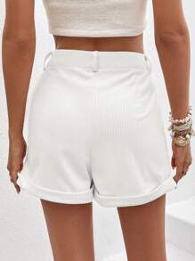 SHEIN Essnce Cuộn lên Hem Vải to sợi Quần short - trắng - Xem 2